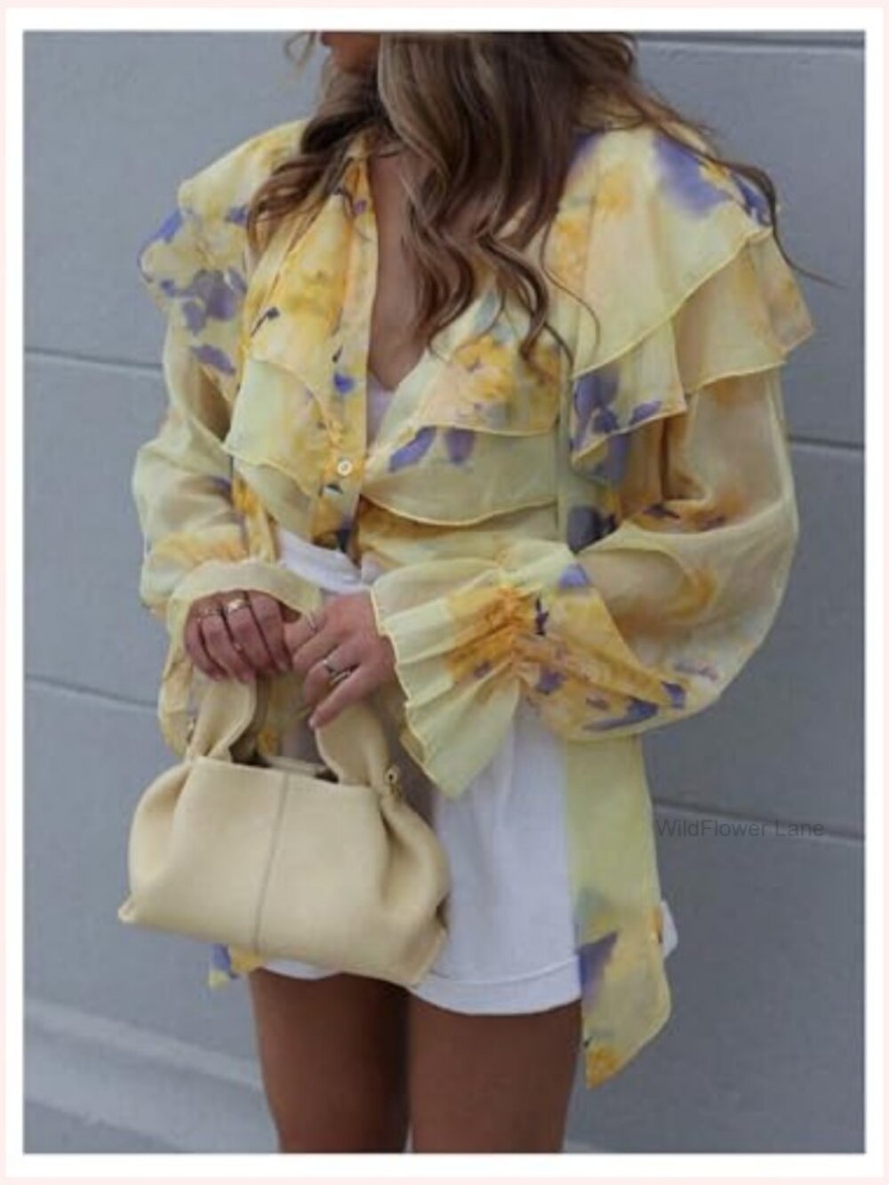 Floral Ruffle Blouse Tie Neck Bell Sleeve Layered Top - Picture 2 of 5